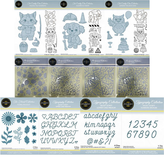 Jamie Rodgers - 3 Die and Stamp Sets, 4 Stencils, Flower Bouquet and 3 Velvet Script Sets