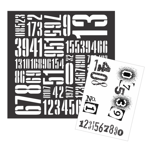 Funky Fossil - A7 Fuzzy Numbers stamp set and Code stencil