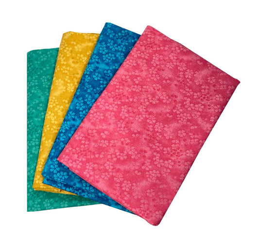 Pinflair - Mottled Blooms Fabric Pack - 4x 100% Cotton 1/2m - Bright Pink, Blue, Teal And Burnt Yellow