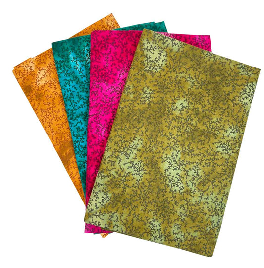 Pinflair - Mottled Branch Fabric Pack - 4x 100% Cotton 1/2m - Fuchsia, Moss Green, Burnt Orange and Teal